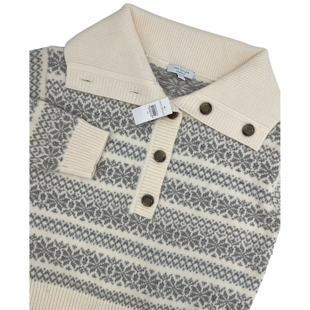 Ann Taylor Weekend Fair Isle Sweater Womens Medium Cream Grey Metallic Button M